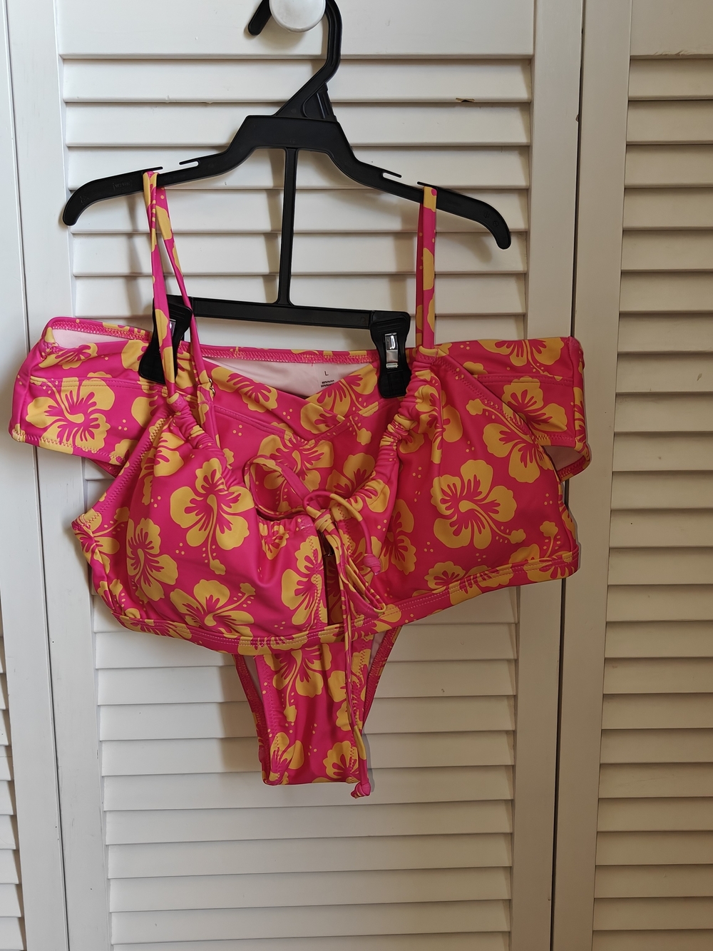 Amazon Pink and Yellow Floral Hibiscus Print Bikini Women's Size L